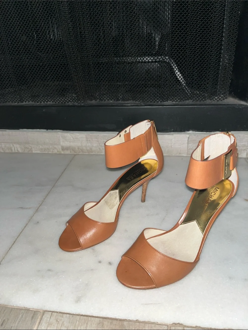 Michael Kors Tan Leather Open-Toe Ankle-Strap Heels